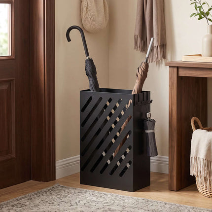 Porte-parapluie avec bac égouttoir, 4 crochets, acier, noir