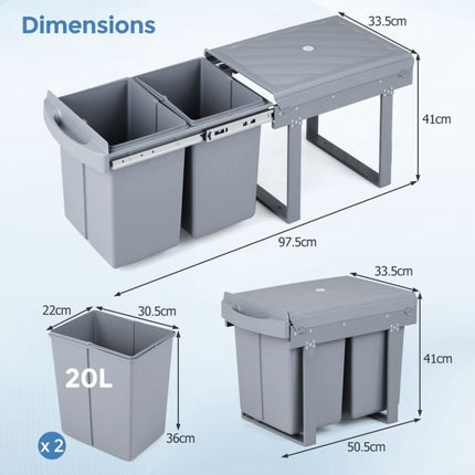 Ausziehbare Mülleimer für Unterschränke, 40L 2-fach, Grau