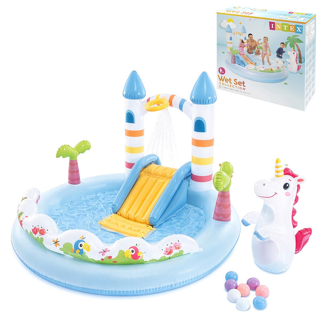 Aire de jeux aquatiques Château de la Licorne avec toboggan, 196 x 178 x 127 cm