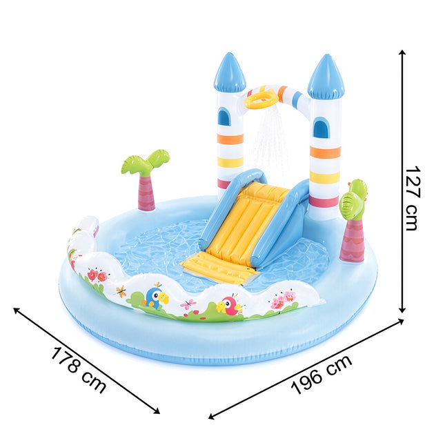 Aire de jeux aquatiques Château de la Licorne avec toboggan, 196 x 178 x 127 cm