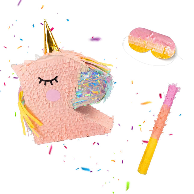 Einhorn-Piñata-Set – Schlagstock und Augenbinde
