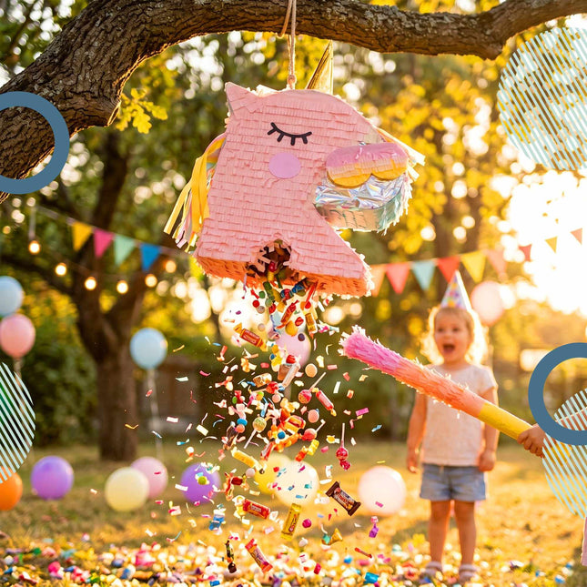 Einhorn-Piñata-Set – Schlagstock und Augenbinde