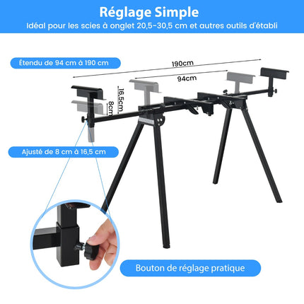 Support universel pliable pour scie à onglets, extensible jusqu'à 150 kg