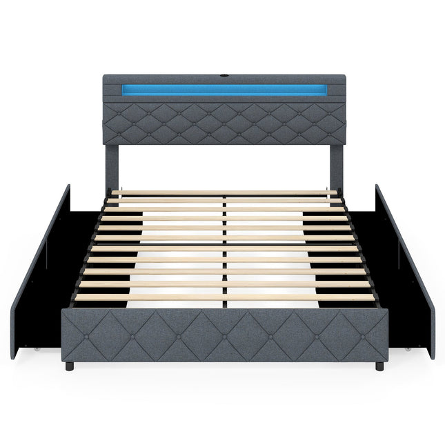 Cadre de lit rembourré 160x200 cm avec LED, USB et tiroirs