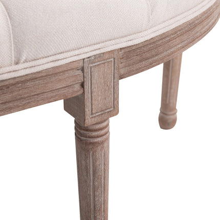 Vintage beige upholstered bench, linen & wood, 140.5 cm