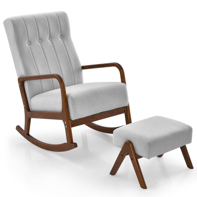Chaise à bascule rembourrée avec tabouret et coussins Chaise à bascule avec structure en bois gris