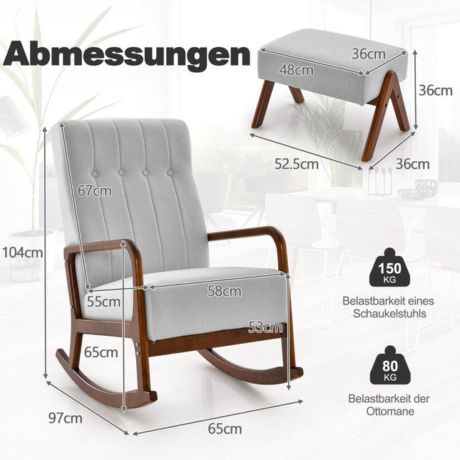 Chaise à bascule rembourrée avec tabouret et coussins Chaise à bascule avec structure en bois gris