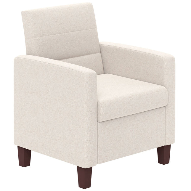 Fauteuil rembourré aspect lin, mousse, coussin d'assise, structure en bois, blanc crème