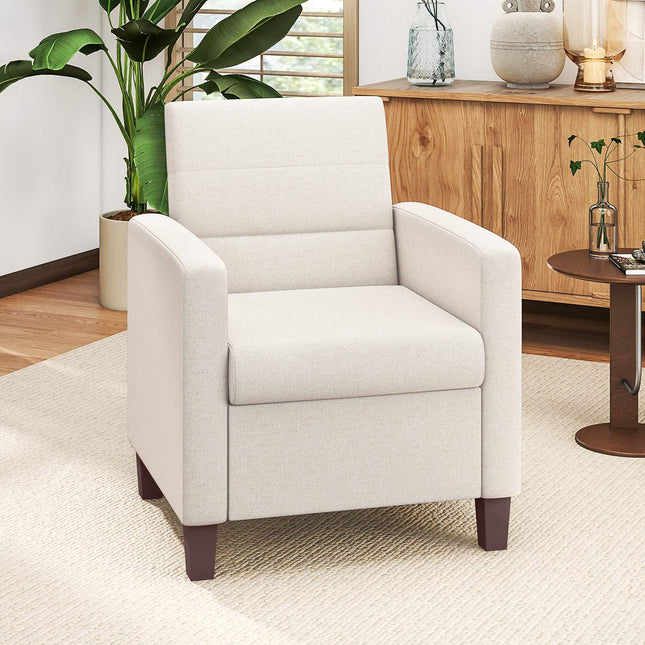 Fauteuil rembourré aspect lin, mousse, coussin d'assise, structure en bois, blanc crème