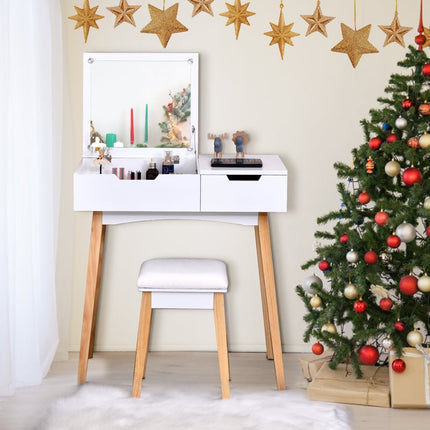 Coiffeuse avec miroir pliant et tabouret, en MDF blanc