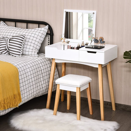 Coiffeuse avec miroir pliant et tabouret, en MDF blanc