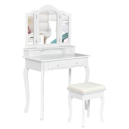 Schminktisch-Set mit Hocker, dreifach klappbarem Spiegel, 4 Schubladen