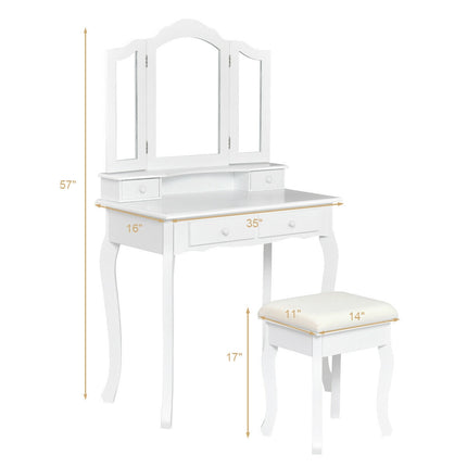 Schminktisch-Set mit Hocker, dreifach klappbarem Spiegel, 4 Schubladen