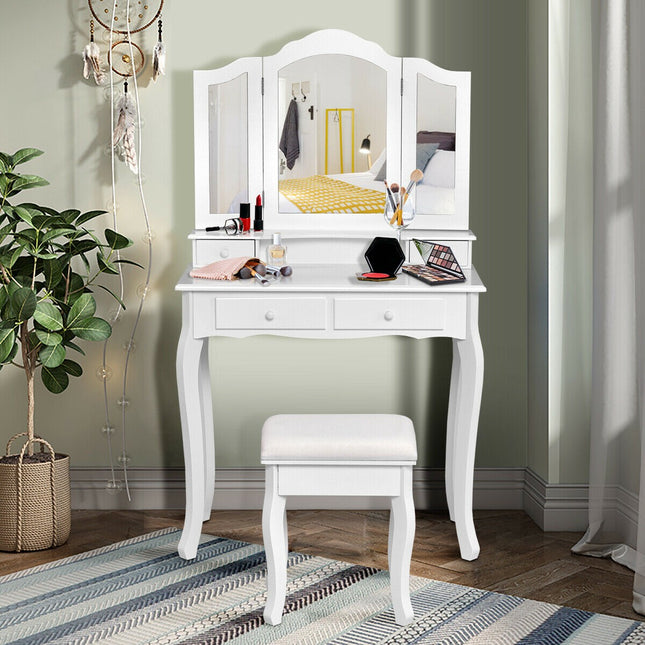 Ensemble coiffeuse avec tabouret, miroir triptyque et 4 tiroirs