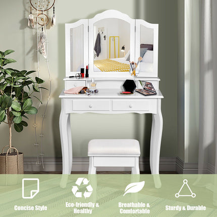 Schminktisch-Set mit Hocker, dreifach klappbarem Spiegel, 4 Schubladen
