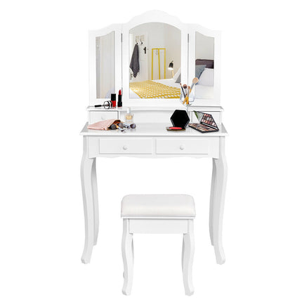 Schminktisch-Set mit Hocker, dreifach klappbarem Spiegel, 4 Schubladen