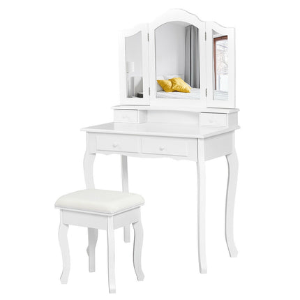 Schminktisch-Set mit Hocker, dreifach klappbarem Spiegel, 4 Schubladen