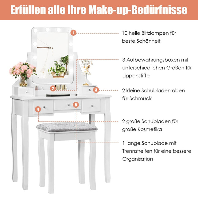 Schminktisch mit LED-Spiegel und Hocker, Weiß, 80x40x135,5 cm