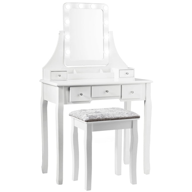 Schminktisch mit LED-Spiegel und Hocker, Weiß, 80x40x135,5 cm