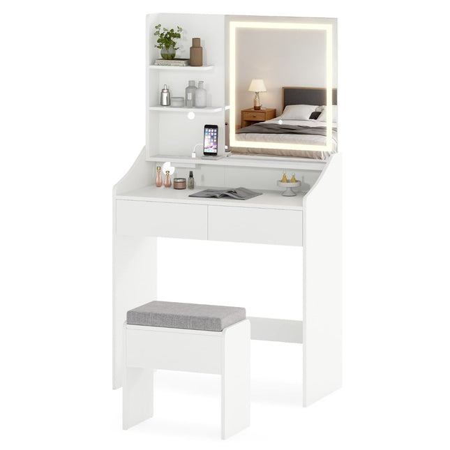 Ensemble coiffeuse avec miroir, éclairage LED et tabouret de rangement, blanc