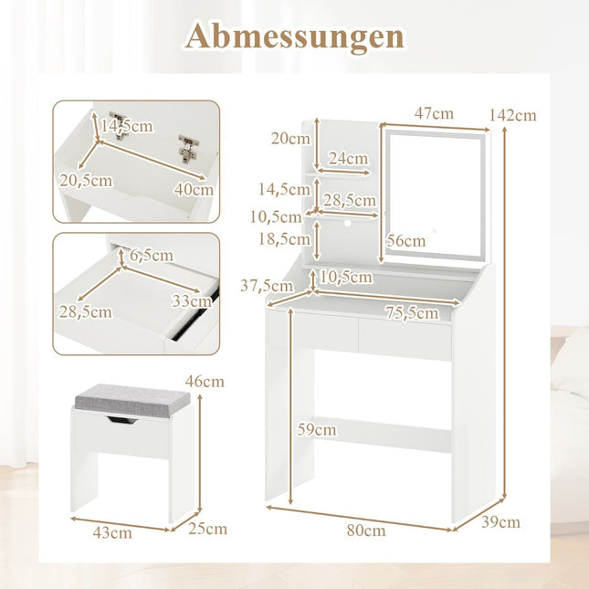 Ensemble coiffeuse avec miroir, éclairage LED et tabouret de rangement, blanc