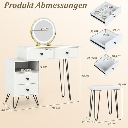 Schminktisch mit drehbarem Spiegel, Beleuchtung & Hocker