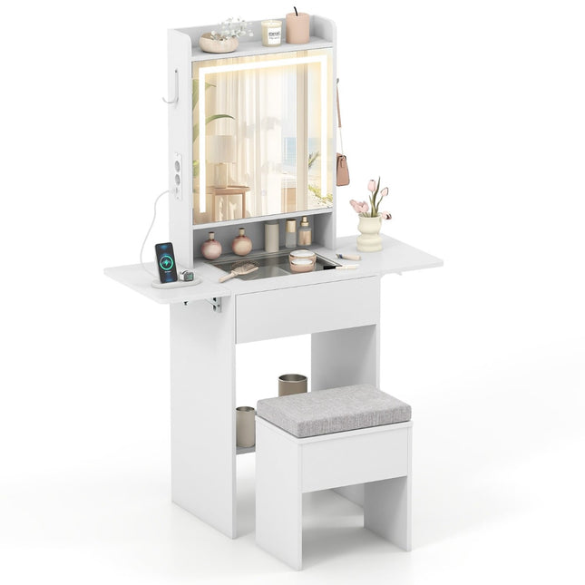 Ensemble coiffeuse avec miroir LED, tabouret et prises électriques