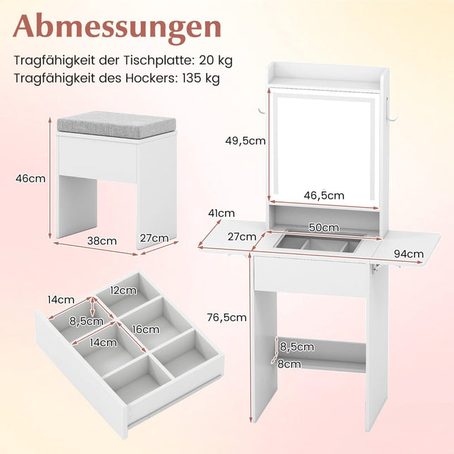 Ensemble coiffeuse avec miroir LED, tabouret et prises électriques