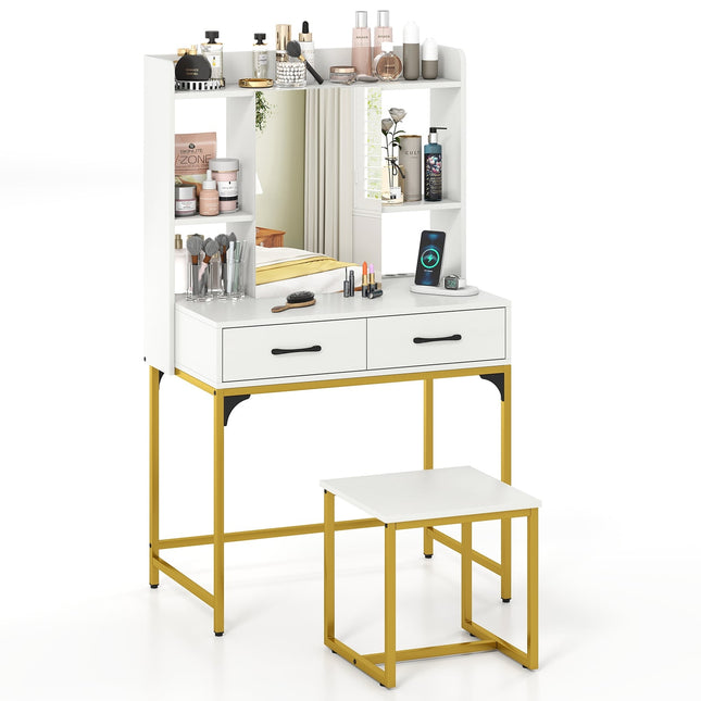 Ensemble coiffeuse avec miroir, station de recharge et tiroirs