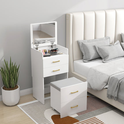Schminktisch-Set mit Spiegel, Nachttisch, Hocker, Weiß
