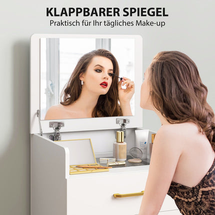 Schminktisch-Set mit Spiegel, Nachttisch, Hocker, Weiß