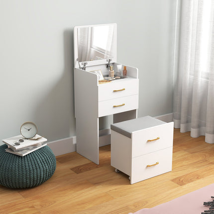Schminktisch-Set mit Spiegel, Nachttisch, Hocker, Weiß