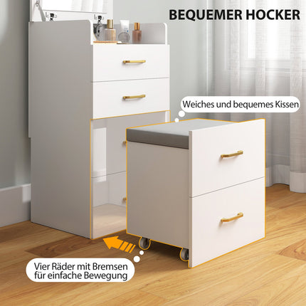 Schminktisch-Set mit Spiegel, Nachttisch, Hocker, Weiß