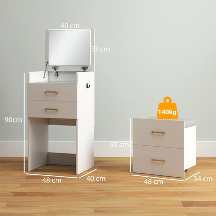 Schminktisch-Set mit Spiegel, Nachttisch, Hocker, Weiß