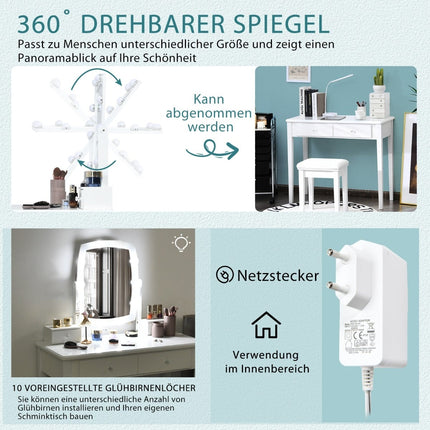Schminktisch-Set mit Hocker, 360°-Spiegel, 10 LED-Leuchten