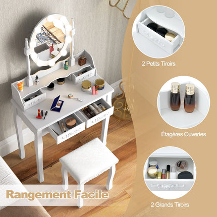Coiffeuse avec miroir LED, 4 tiroirs et tabouret, blanche