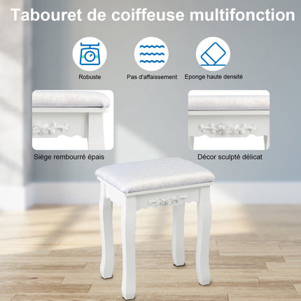 Coiffeuse avec miroir LED, 4 tiroirs et tabouret, blanche