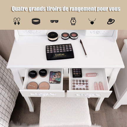 Coiffeuse avec miroir LED, 4 tiroirs et tabouret, blanche