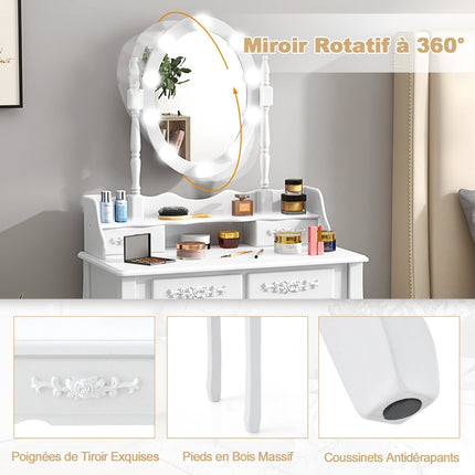 Coiffeuse avec miroir LED, 4 tiroirs et tabouret, blanche
