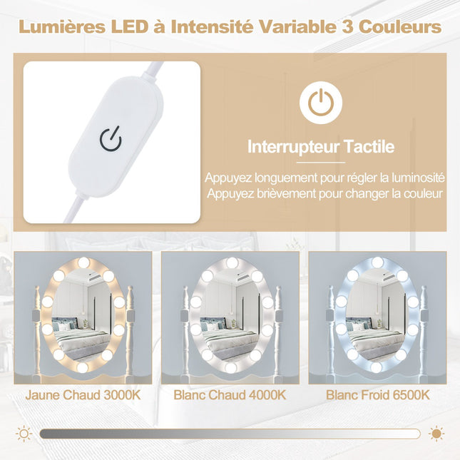 Coiffeuse avec miroir LED, 4 tiroirs et tabouret, blanche