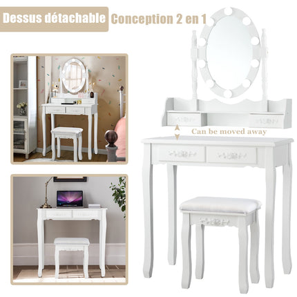 Coiffeuse avec miroir LED, 4 tiroirs et tabouret, blanche
