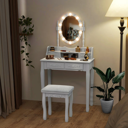 Coiffeuse avec miroir LED, 4 tiroirs et tabouret, blanche