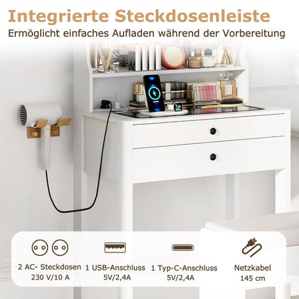 Schminktisch mit LED-Spiegel, Steckdosen, gepolstertem Hocker, Weiß
