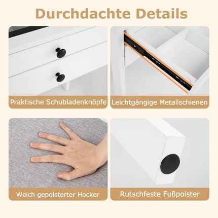 Schminktisch mit LED-Spiegel, Steckdosen, gepolstertem Hocker, Weiß
