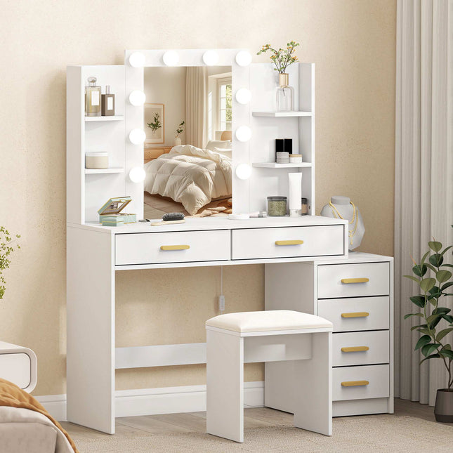 Coiffeuse avec miroir LED et tabouret rembourré, blanche