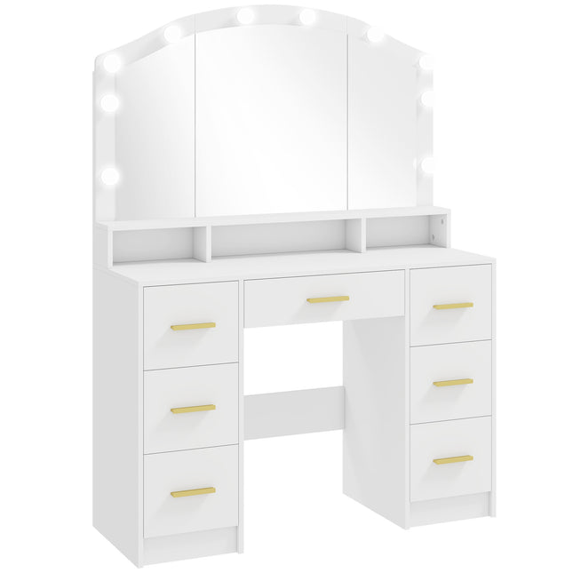 Coiffeuse avec miroir, 10 lumières LED, 7 tiroirs, MDF blanc