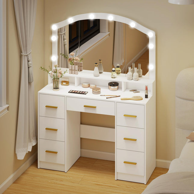 Coiffeuse avec miroir, 10 lumières LED, 7 tiroirs, MDF blanc