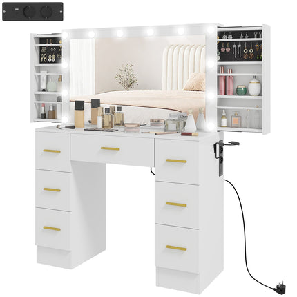 Schminktisch mit Spiegel, 12 LED-Leuchten, 7 Schubladen, Weiß
