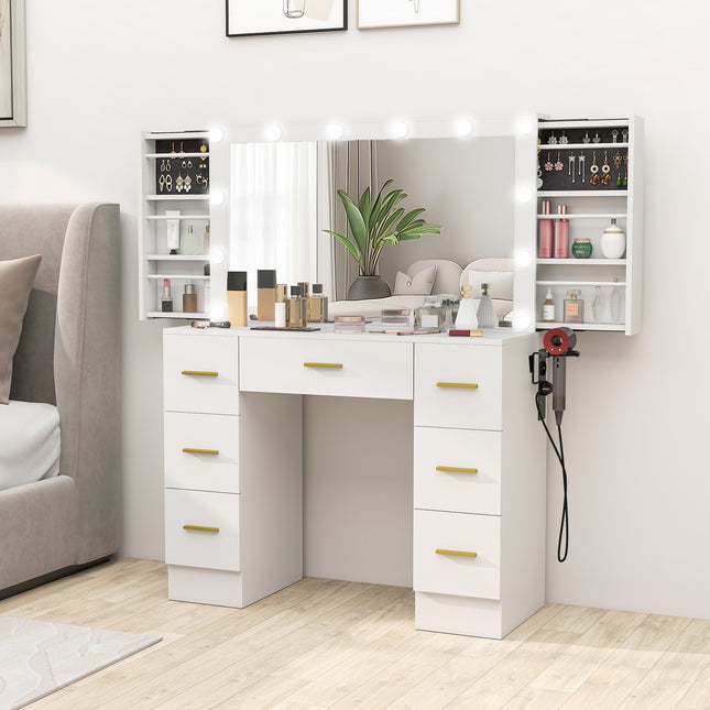 Coiffeuse avec miroir, 12 lumières LED, 7 tiroirs, blanche