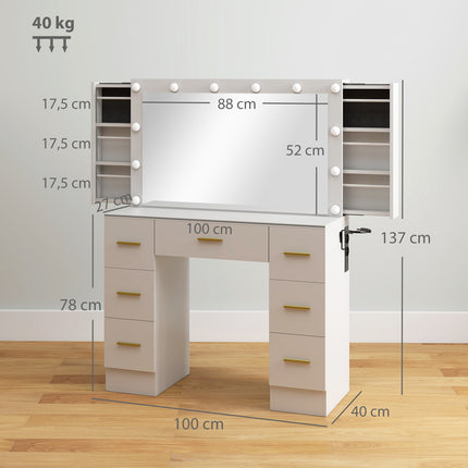 Schminktisch mit Spiegel, 12 LED-Leuchten, 7 Schubladen, Weiß